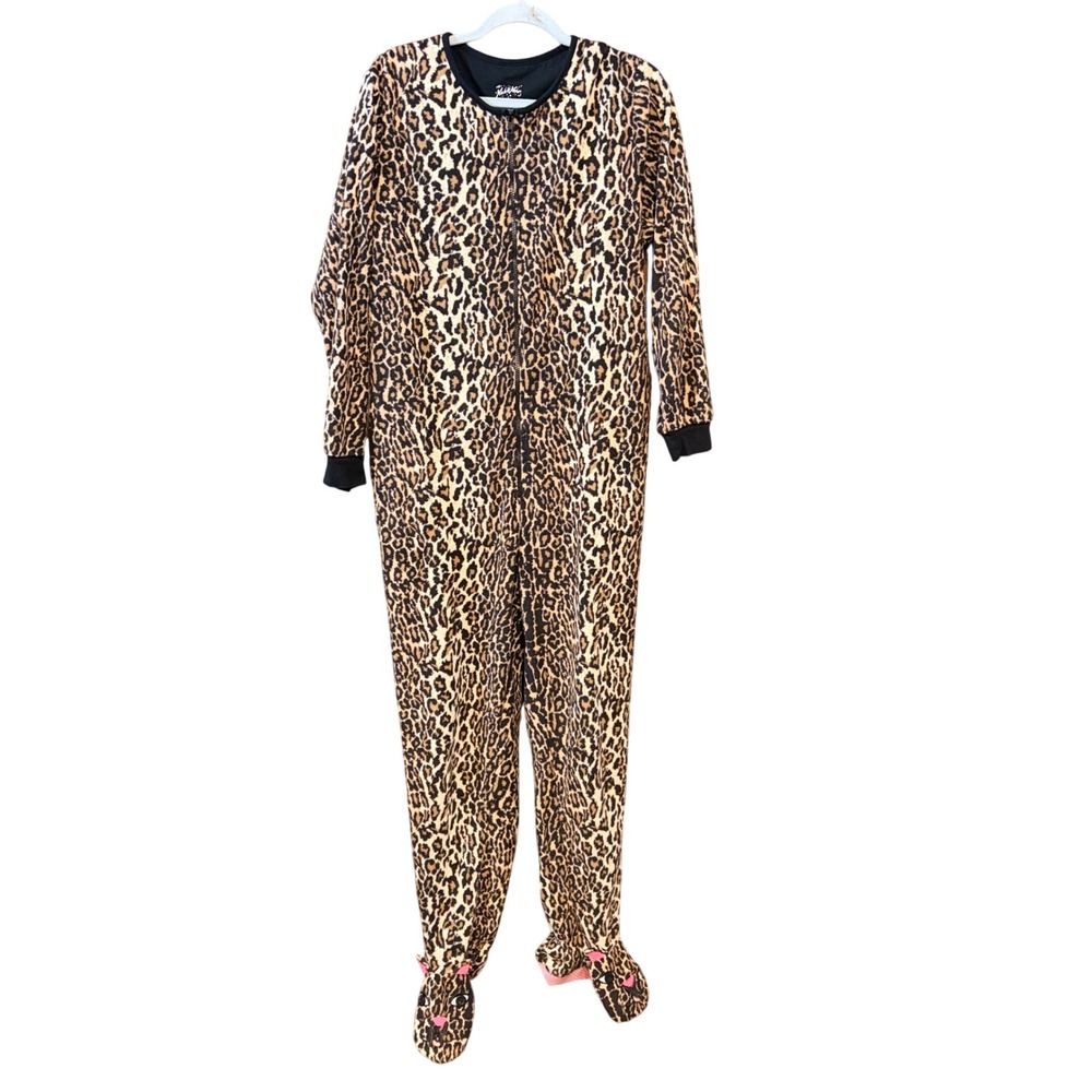 Nick & Nora Leopard Print Fleece Footed nonslip Pajamas Union Suit Lg Animal EUC